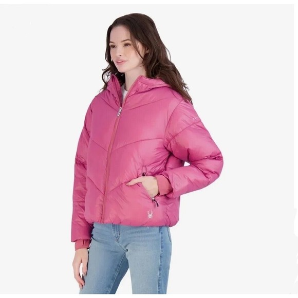 SPYDER Womens Super Puff Hooded Jacket Puffer Coat Packable Rose Wine Pink - Picture 2 of 4